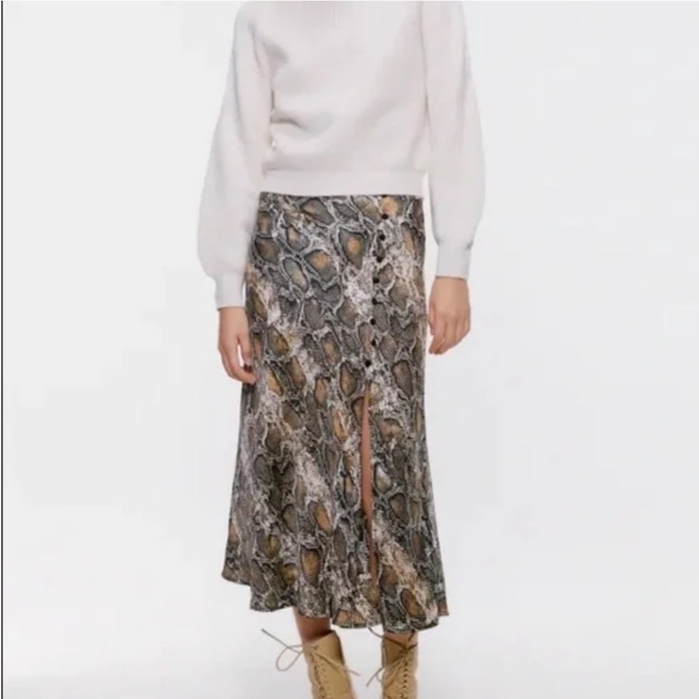 Zara Snakeskin Print Satin Skirt with Slit
